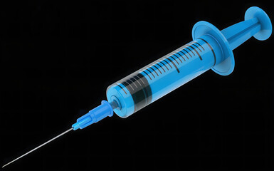 Sleek blue syringe on black backdrop for medical visualizations, healthcare marketing, and pharmaceutical advertising projects requiring a clean, modern look