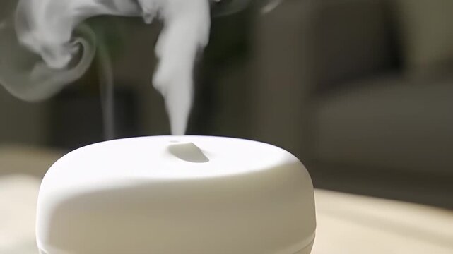 A white electric aroma diffuser releases a gentle stream of vapor into a calm and modern living room for relaxation and wellness