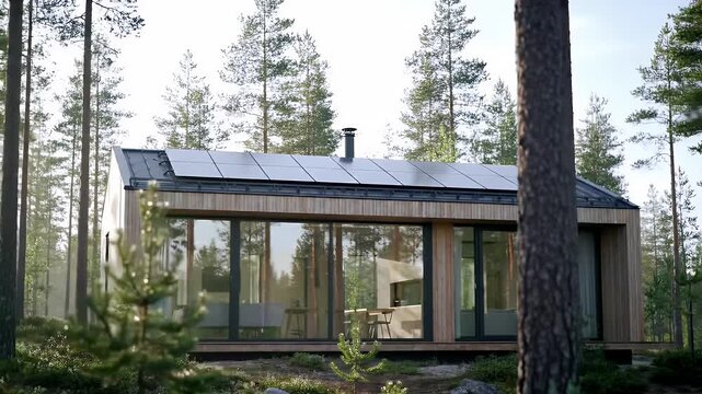 Slow dolly shot revealing a modern sustainable wooden cabin with solar panels nestled in a serene pine forest at sunrise