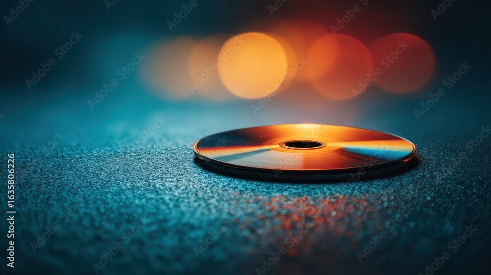 Aufkleber a reflective cd lies on a textured surface, illuminated by colorful bokeh lights, creating a captiva