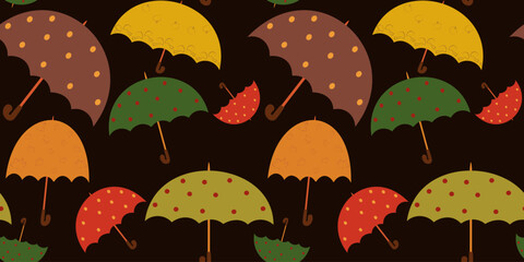 Seamless pattern of various autumn umbrellas, featuring polka dot, maple leaf, and apple designs, on a dark brown background. Ideal for fall weather themes, children decor, seasonal textiles.