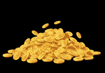 Cartoon Pile of Golden Coins with Dollar and Euro Symbols on Black Background. © Rusmani