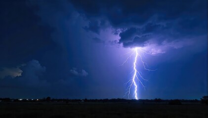 Massive lightning bolt illuminates the night sky, a dramatic display of nature's raw power The intense flash reveals towering clouds and a dark landscape below , clouds, light, fearsome