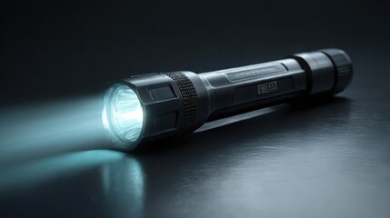 Illuminated Flashlight on Dark Surface