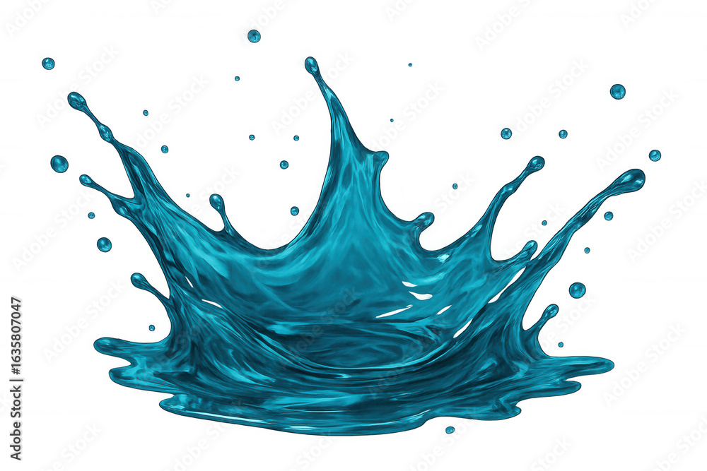 Poster crown-shaped blue liquid splashing dynamically, with droplets dancing on a transparent background, c