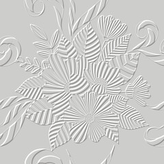 Obraz premium 3d striped embossed floral seamless pattern with stylized flowers, leaves, curved swirls on a light grey background. Emboss textured relief beautiful ornaments. Endless hand drawn vector texture.