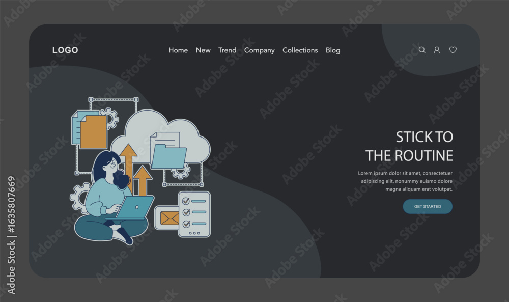 Poster woman using laptop with cloud computing elements vector