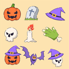 Cute Hand Drawn Halloween Icon Set – Pumpkin, Skull, Witch Hat, Bat, Tombstone, Zombie Hand, and Candle