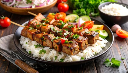 Grilled skewers with rice and vegetables