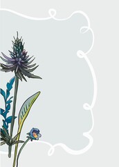 Pre-made background - meadow, field and garden flowers on color background. Botanical digital illustration in modern flat style with black outline. Perfect for weddings, birthdays, branding