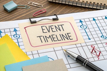 Colorful sticky notes and a pen on a wooden desk illustrating an event timeline planning session