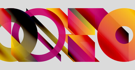 Abstract composition featuring overlapping colorful circles, lines. Gradient shades create dynamic visual effect. Modern design.