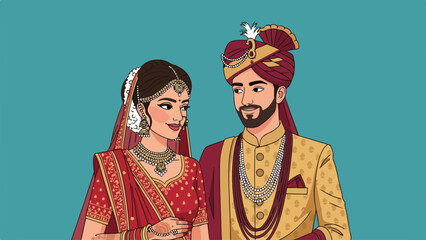 Indian Wedding Couple in Traditional Attire, Teal Background Illustration