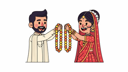 Cute Chibi Indian Couple Exchanging Garlands, Wedding Ritual Illustration