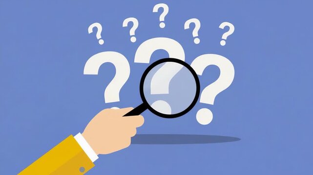 Question Mark and Root Cause Analysis Concept. A hand holding a magnifying glass over a large question mark surrounded by smaller ones on a blue background, symbolizing analysis and research answers.