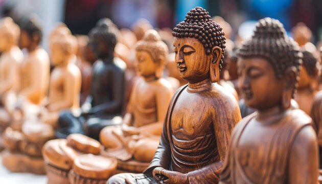 Close-up view of numerous small wooden Buddha statues
