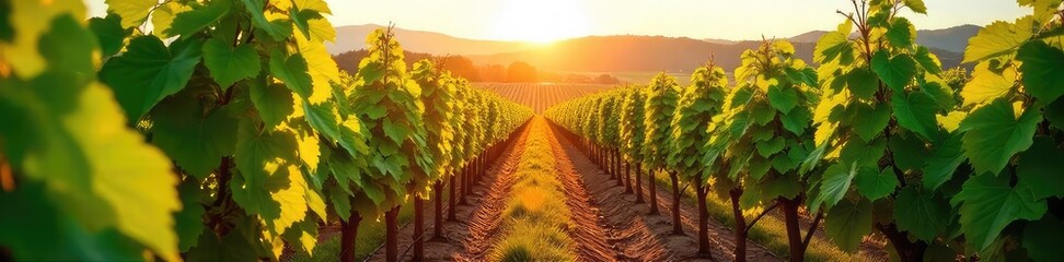 Fototapeta premium Sun-drenched rows of grape vines stretching to the horizon, lush green leaves and ripening fruit on the vines, a picturesque vineyard landscape , vineyard rows, grape vines