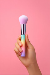 female hand holding pastel makeup brush soft background focus