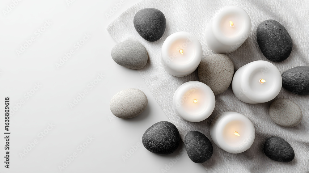 Poster arrangement of white candles and smooth stones on a soft fabric surface, creating a serene and calmi