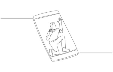 Continuous one line drawing of person trapped inside smartphone screen, symbolizing the feeling of digital addiction, social media dependence, single line art