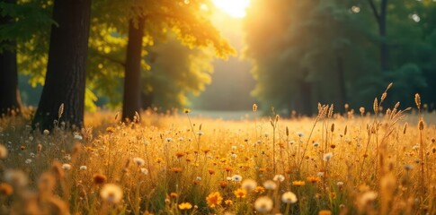 Sunlight streams through the canopy onto a field of drying forest hay, wildflowers scattered amongst the golden stalks The air is still and warm, hinting at summer's end , sunlight, trees, farming