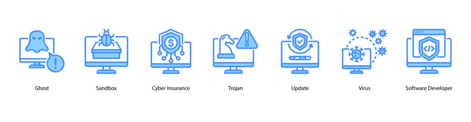 Cyber Entities web banner icon vector illustration featuring Ghost, Sandbox, Cyber Insurance, Trojan, Update, Virus, and Software Developer.