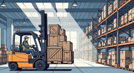 Clean Line Art of a Forklift Operator Navigating a Sunlit Warehouse Aisle
