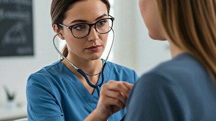 Female doctor with stethoscope examining patient. Medical consultation, healthcare check-up, and patient care. - Powered by Adobe