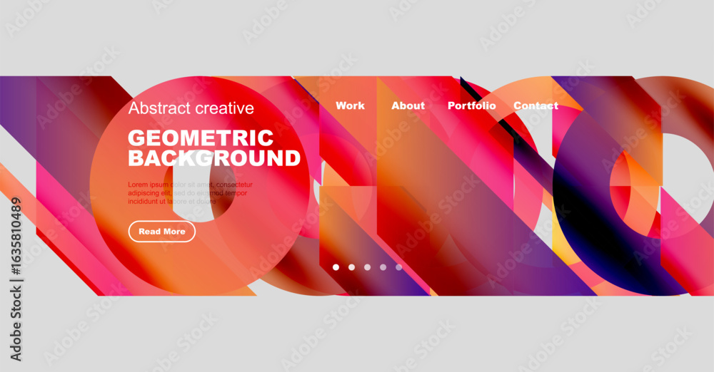 Poster abstract geometric background features vibrant colors, text, navigation menu, plus read more button.