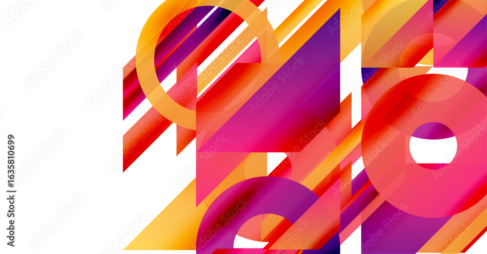 Poster abstract composition. vibrant colors blend, creating dynamic shapes. overlapping circles, triangles,