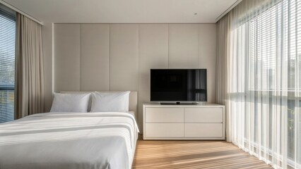 Fototapeta premium Modern hotel room, minimalist interior, white bed, wooden floor, large window