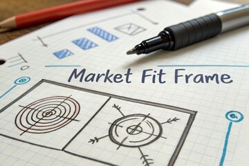 Detailed sketch illustrating a market fit frame with graphs and target designs on paper