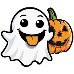 Cute cartoon ghost character with halloween pumpkin on transparent background