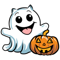 Cute cartoon cat ghost character holding a halloween pumpkin