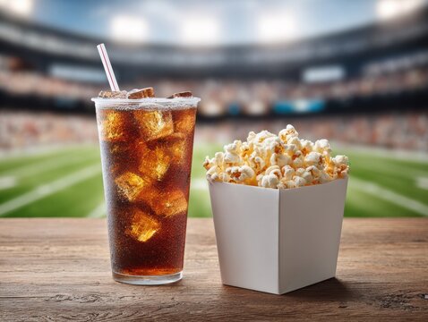A cold, refreshing drink and a box of popcorn sit on a wooden table in a stadium, enjoying the game with classic snacks and beverages.
