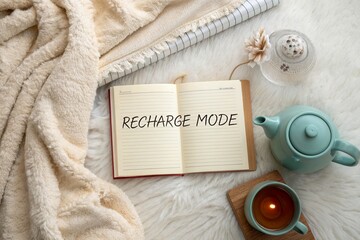 Cozy scene featuring an open notebook with 'RECHARGE MODE' text, a teapot, and a candle