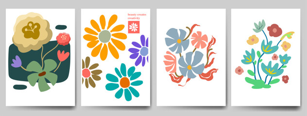 Botanical doodle background art vector set. Flower and leaves abstract shape doodle art design retro hippie 60s 70s style. for print, wallpaper, clipart, wall art for home decoration.