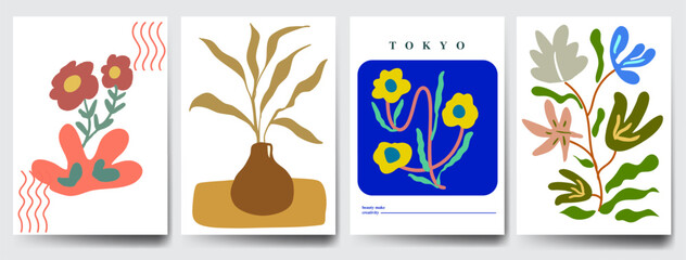 Botanical doodle background art vector set. Flower and leaves abstract shape doodle art design retro hippie 60s 70s style. for print, wallpaper, clipart, wall art for home decoration.