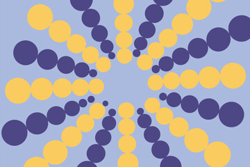 Abstract pattern of yellow and purple circles radiating from a central point on a light blue background
