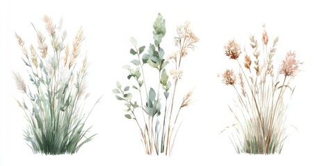 Watercolor botanicals of grasses and foliage