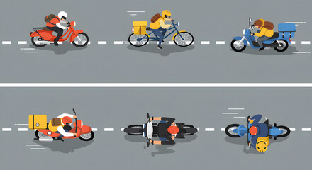 Naklejka premium Bicycle and scooter top view. Cartoon bike, motorcycle, cycle view from above. People ride on bicycle and motor bike vector illustration