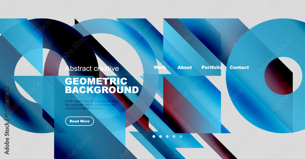 Poster abstract geometric design. blue hues dominate, with layered shapes creating dynamic visual effect. t