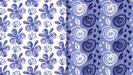 Fototapeta premium Floral and fruit pattern with blue flowers and cherries on divided backgrounds in a sketch style
