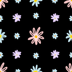 Simple floral vector seamless pattern. Light blue, pink flowers on black background. For fabric prints, textile products.