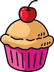 Vector Cartoon Hand Drawn Vanilla Cupcake With Cherry On Top