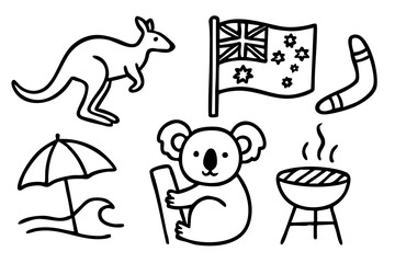 Fototapeta premium Australia Day Doodle Vector Illustration with Hand-Drawn Icons: Kangaroo, Flag, Boomerang, Koala, Beach, Barbecue