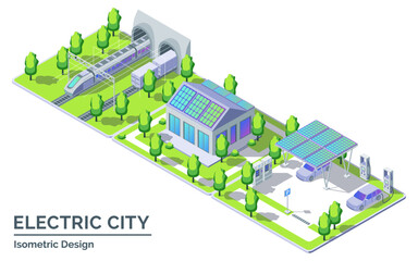 Cartoon Color Train, House with Solar Panels and Parking with Charge Station Electric City Transportation Concept 3d Isometric View Line Elements. Vector illustration