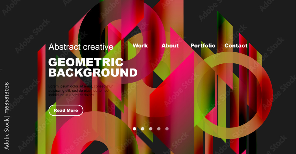 Poster vibrant abstract design features colorful geometric shapes, text overlays, navigation menu. dark bac