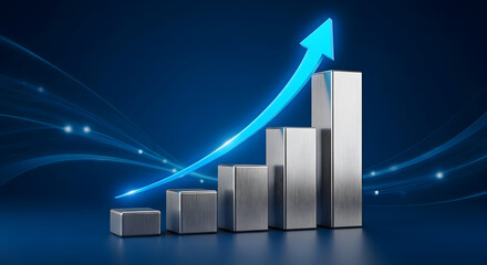 3D Silver Bar Chart with Upward Blue Arrow Representing Business Growth, Financial Success, and Market Increase