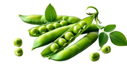 Freshly harvested green peas in pods with leaves, set against a white background for packaging design.
